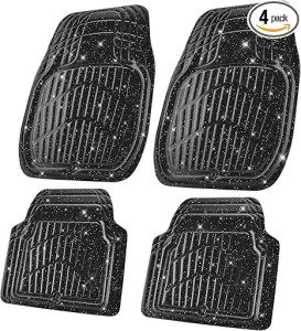 CAR PASS Shining Glitter Car Floor Mats 3D Leather Waterproof All Weather, Universal Trim to Fit & Anti-Slip, Safety & Light Easy Clean Install Fit for SUV,Truck,Auto,Sedan,Van 4 Piece (Black Glitter) - Virgo Car Floor Mat for men