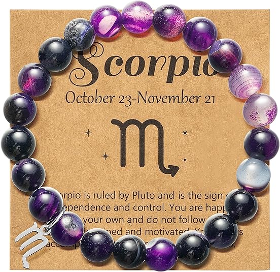 WATINC Constellation Zodiac Bracelet, Birthday Gifts for Women, Purple Natural Stone Astrology Bracelet with Charm Wish Card Envelop, Bracelet Jewelry for Bday - Scorpio Products for men