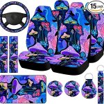 15 Pcs Car Seat Covers Full Set Automotive Truck SUV Rear Front Seat Protectors Steering Wheel Cover Wrist Strap & Cup Mat Pad & Belt Cover Christmas Car Accessories(Mushroom) - Aquarius Car Seat Cover for men