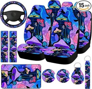 15 Pcs Car Seat Covers Full Set Automotive Truck SUV Rear Front Seat Protectors Steering Wheel Cover Wrist Strap & Cup Mat Pad & Belt Cover Christmas Car Accessories(Mushroom) - Aquarius Car Seat Cover for men