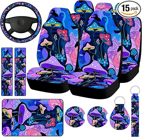 15 Pcs Car Seat Covers Full Set Automotive Truck SUV Rear Front Seat Protectors Steering Wheel Cover Wrist Strap & Cup Mat Pad & Belt Cover Christmas Car Accessories(Mushroom) - Aquarius Car Seat Cover for men