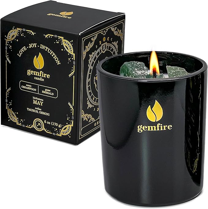 GemFire Organic Scented Crystal Candle - Emerald Gemstone, May Birthstone Gift - Taurus or Gemini Zodiac Sign - Natural Soy Wax & Beeswax - Long-Burn for Aromatherapy, Meditation, Relaxation - Taurus for men