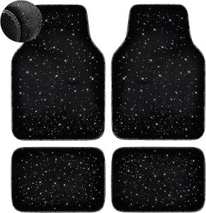 CAR PASS Black Car Floor Mats, Faux Fur Fluffy Carpet Full Set Bling Starry Sky Design Anti-Slip Universal for Girl Cute Women Automotive Cars, SUVs, Trucks, Vans, 4Pcs Black Fuzzy Plush Wool - Virgo Car Floor Mat for men