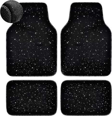 CAR PASS Black Car Floor Mats, Faux Fur Fluffy Carpet Full Set Bling Starry Sky Design Anti-Slip Universal for Girl Cute Women Automotive Cars, SUVs, Trucks, Vans, 4Pcs Black Fuzzy Plush Wool - Virgo Car Floor Mat for men