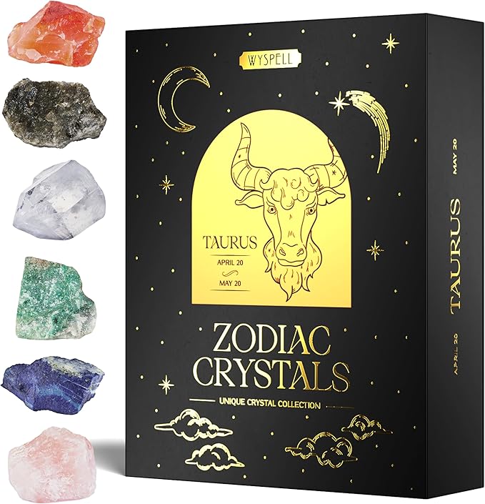 Wyspell Taurus Crystal Set - 6 Raw Taurus Crystals and Healing Stones - Zodiac Gifts for Women - Birthday Gifts for Women - Astrology Gifts for Women - Zodiac Crystal Set - Taurus Products for men
