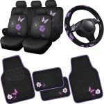 CAR PASS Universal Cloth Butterfly Car Seat Covers Full Set, Embroidered Flower Waterproof Car Floor Mats Carpet, Butterflies Steering Wheel Cover for Car Accessories Interior Sets (Black and Purple) - Scorpio Car Seat Cover for men
