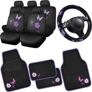 CAR PASS Universal Cloth Butterfly Car Seat Covers Full Set, Embroidered Flower Waterproof Car Floor Mats Carpet, Butterflies Steering Wheel Cover for Car Accessories Interior Sets (Black and Purple) - Scorpio Car Seat Cover for men
