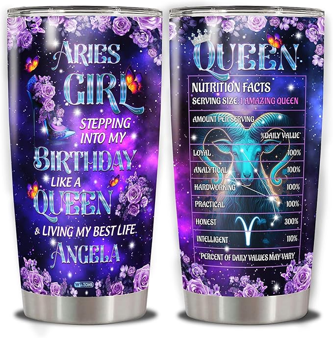 WAZONE Personalized Queen Tumbler Customized Zodiac Cup With Name Purple Galaxy Butterfly Flower Travel Mug 20oz 30oz Astrological Sign Aries Gemini Cancer Leo Virgo Libra Taurus Scorpio - Aries Mug for men