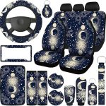Estune 19 Pcs Car Seat Covers, Full Set Car Accessories Steering Wheel Front Rear Seat Headrest Armrest Belt Cover Keychains Wrist Strap Cup Holder for SUV (Moon Stars Sun) - Aries Car Seat Cover for men