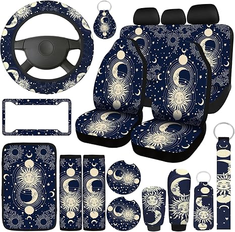 Estune 19 Pcs Car Seat Covers, Full Set Car Accessories Steering Wheel Front Rear Seat Headrest Armrest Belt Cover Keychains Wrist Strap Cup Holder for SUV (Moon Stars Sun) - Aries Car Seat Cover for men