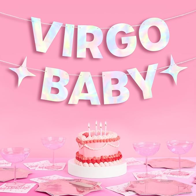xo, Fetti Virgo Baby Birthday Party Iridescent Foil Banner - 5 Ft. | Zodiac Virgo, Horoscope, Astrology Bday Party Decorations Gift - Virgo Poster for men
