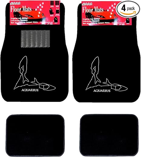 Universal Fit Car SUV Truck Front/Rear 4-Piece Full Set Crystal Bling Rhinestone Design Studded Black Carpet Floor Mats - Pack of 4 (Aquarius-Black) - Aries Car Floor Mat for men