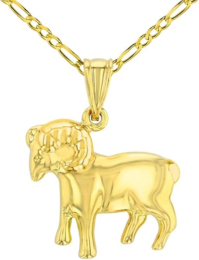 High Polish 14k Yellow Gold 3D Aries Zodiac Sign Ram Animal Pendant With Cable, Curb or Figaro Chain Necklace - Aries Necklace for men
