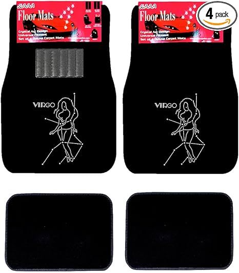 Universal Fit Car Truck Front/Rear 4-Piece Full Set Crystal Bling Rhinestone Design Studded Black Carpet Floor Mats - Pack of 4 (Virgo-Black) - Aries Car Floor Mat for men