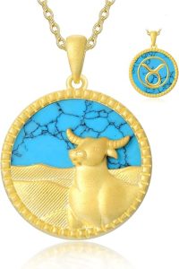 925 Sterling Silver Zodiac Necklaces for Women with Synthetic Blue Turquoise Constellation Pendant 18K Yellow Gold Plated Jewelry for Her - Taurus Products for men