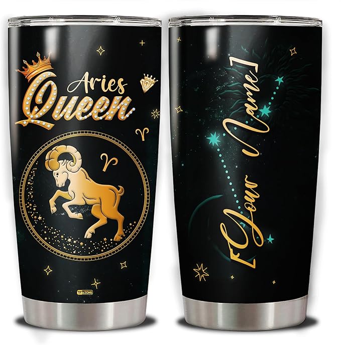 WAZONE Personalized Zodiac Travel Mug Horoscope Aries Queen Sign Astrology Stainless Steel Tumbler 20oz 30oz Cup Christmas Birthday Present Constellation Gifts Thing For Women Men Friends - Aries Mug for men
