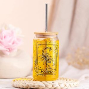 Scorpio Beer Can Glass 16 OZ Constellation Iced Coffee Glass with Lid Metal Straw and Cleaning Brush, Reusable Drinking Glass Cup for Coffee Tea Soda Juice, Zodiac Gifts for Women and Men, Set of 1 - Scorpio Products for men