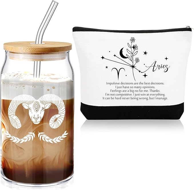 Sliner 2 Set Christmas Zodiac Gift for Women 16 oz Celestial Zodiac Signs Glass Cup with Lids Straws Horoscope Flower Sign Make up Bag 12 Constellations Thanksgiving Gift for Men Birthday(Aries) - Aries Canvas for men