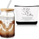 Sliner 2 Set Christmas Zodiac Gift for Women 16 oz Celestial Zodiac Signs Glass Cup with Lids Straws Horoscope Flower Sign Make up Bag 12 Constellations Thanksgiving Gift for Men Birthday(Taurus) - Taurus Products for men