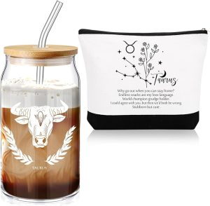 Sliner 2 Set Christmas Zodiac Gift for Women 16 oz Celestial Zodiac Signs Glass Cup with Lids Straws Horoscope Flower Sign Make up Bag 12 Constellations Thanksgiving Gift for Men Birthday(Taurus) - Taurus Products for men