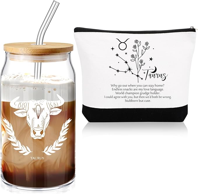 Sliner 2 Set Christmas Zodiac Gift for Women 16 oz Celestial Zodiac Signs Glass Cup with Lids Straws Horoscope Flower Sign Make up Bag 12 Constellations Thanksgiving Gift for Men Birthday(Taurus) - Taurus Products for men