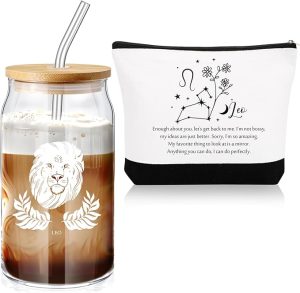 Sliner 2 Set Christmas Zodiac Gift for Women 16 oz Celestial Zodiac Signs Glass Cup with Lids Straws Horoscope Flower Sign Make up Bag 12 Constellations Thanksgiving Gift for Men Birthday(Leo) - Leo Canvas for men