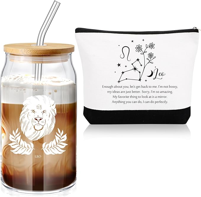 Sliner 2 Set Christmas Zodiac Gift for Women 16 oz Celestial Zodiac Signs Glass Cup with Lids Straws Horoscope Flower Sign Make up Bag 12 Constellations Thanksgiving Gift for Men Birthday(Leo) - Leo Canvas for men