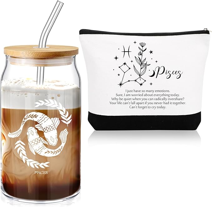 Sliner 2 Set Christmas Zodiac Gift for Women 16 oz Celestial Zodiac Signs Glass Cup with Lids Straws Horoscope Flower Sign Make up Bag 12 Constellations Thanksgiving Gift for Men Birthday(Pisces) - Pisces for men