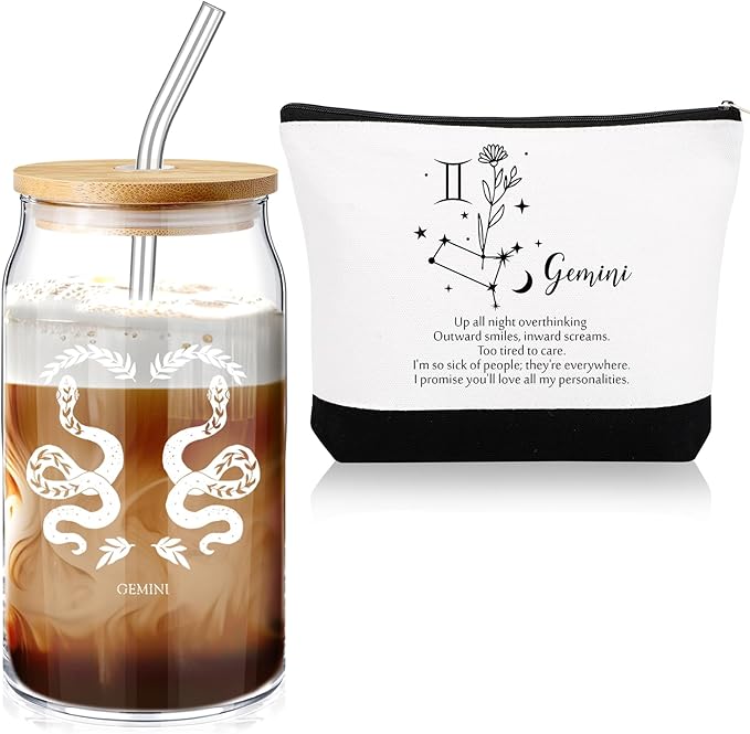 Sliner 2 Set Christmas Zodiac Gift for Women 16 oz Celestial Zodiac Signs Glass Cup with Lids Straws Horoscope Flower Sign Make up Bag 12 Constellations Thanksgiving Gift for Men Birthday(Gemini) - Gemini Canvas for men