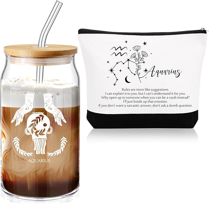 Sliner 2 Set Christmas Zodiac Gift for Women 16 oz Celestial Zodiac Signs Glass Cup with Lids Straws Horoscope Flower Sign Make up Bag 12 Constellations Thanksgiving Gift for Men Birthday(Aquarius) - Aquarius Mug for men