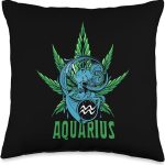 Zodiac Stoner Vibes: Aquarius Cannabis Weed Horoscope Design Throw Pillow - Aquarius Pillow for men
