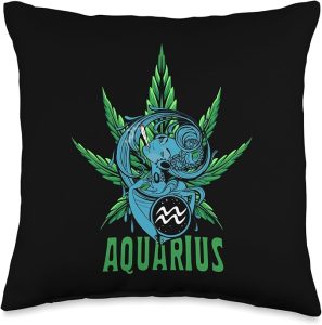 Zodiac Stoner Vibes: Aquarius Cannabis Weed Horoscope Design Throw Pillow - Aquarius Pillow for men