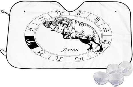 Zodiac Aries Car Windshield Sun Shade Universal Fit Car Sunshade,Zodiac Wheel Signs Esoteric,Keep Your Vehicle Cool. UV Sun and Heat Reflector,White Black - 55 x 30 Inch - Aries Car Ornament for men