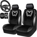 CAR PASS Bling Diamond Butterfly Car Seat Covers, Black Velvet Leather Butterflies Front Seat Covers Set for Women Girl, Rhinestone Butterfly 14.5-15'' Steering Wheel Cover, Glitter Car Interior Sets - Scorpio Car Seat Cover for men