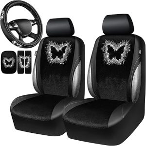 CAR PASS Bling Diamond Butterfly Car Seat Covers, Black Velvet Leather Butterflies Front Seat Covers Set for Women Girl, Rhinestone Butterfly 14.5-15'' Steering Wheel Cover, Glitter Car Interior Sets - Scorpio Car Seat Cover for men