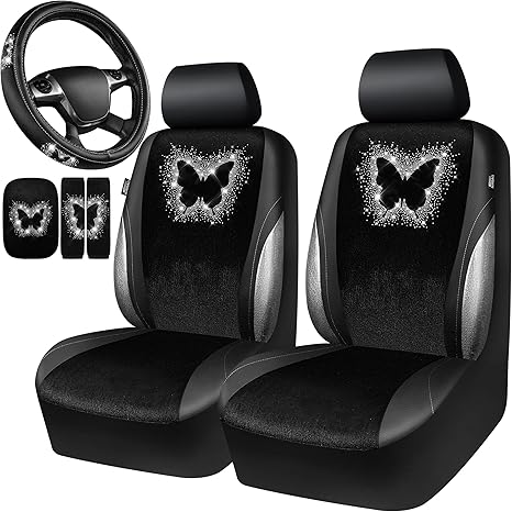 CAR PASS Bling Diamond Butterfly Car Seat Covers, Black Velvet Leather Butterflies Front Seat Covers Set for Women Girl, Rhinestone Butterfly 14.5-15'' Steering Wheel Cover, Glitter Car Interior Sets - Scorpio Car Seat Cover for men