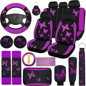 BBTO 43 Pcs Butterfly Car Seat Full Set Butterfly Car Accessories for Women 5 Front Rear Seat Covers Wrist Strap 2 Pcs Cup Mat Armrest Pad 2 Belt Xmas Cover Accessories for SUV(Purple, Black) - Scorpio Car Seat Cover for men