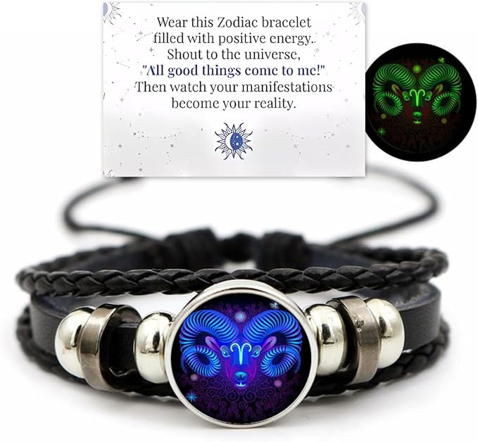 jaizu Zodiac Signs Spirit Bracelet, Handmade Woven Multilayer Adjustable 12 Constellation Zodiac PU Leather Bracelets Unisex, Glow in the Dark Zodiac Jewelry Gifts For Women Men (Aries) - Aries Bracelet for men