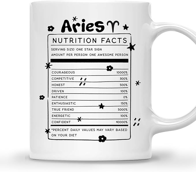 Gossby Aries Nutrition Fact Coffee Mug - Zodiac Sign Gift for Women - Birthday, Christmas Astrology Gift for Women, Sister, Friend - 11oz White Ceramic Astrology Mug - Aries Mug for men