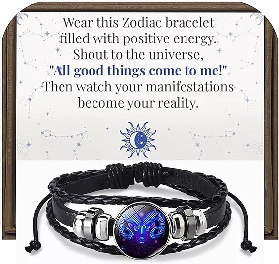 Zodiac Signs Spirit Bracelet,12 Constellation Handmade Bead Woven Multilayer Leather Bracelet, Adjustable Genuine Gemstone Stacking Bracelet, Gifts for Constellation Lover - Aries Bracelet for men
