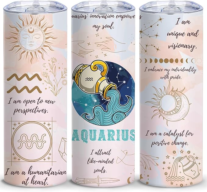 Aquarius February Birthday Gifts for Women 20oz Skinny Stainless Steel Tumbler, Astrology Decor Gifts,Reusable Stainless Steel Water Bottle for Hot & Cold Drinks Iced Coffee Travel Mug (Pack of 1) - Aquarius Mug for men