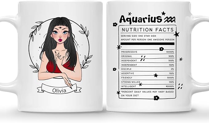 Gossby Personalized Aquarius Sign Coffee Mug - Custom 11oz Witch Mug with Design, Name, Nutrition Fact - Birthday, Christmas, Halloween Zodiac Gift for Astrology Lover, Women, Sister, Friend - Aquarius Mug for men