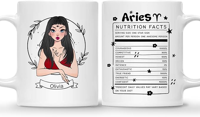 Gossby Personalized Aries Sign Coffee Mug - Custom 11oz Witch Mug with Design, Name, Nutrition Fact - Birthday, Christmas, Halloween Zodiac Gift for Astrology Lover, Women, Sister, Friend - Aries Mug for men