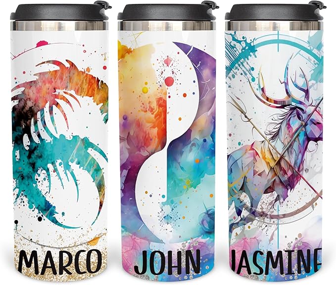 Zodiac Skinny 14oz Colored Personalized Sublimated Coffee Tumbler, Aries Appreciation Stainless Steel Gift, Coffee Mug with Lid for Libra, Astrology Sign Tumbler, Constellations, Gifts for Pisces - Aries Mug for men