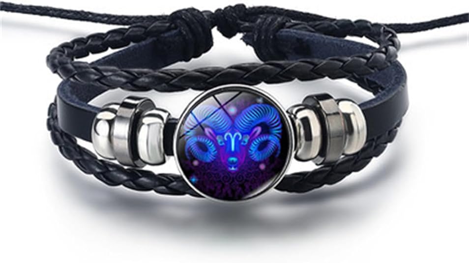 Black Twelve Zodiac Spirit Leather Bracelet - Adjustable Zodiac Jewelry Accessory for Enthusiasts - Aries Bracelet for men