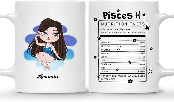 Gossby Custom Pisces Sign Coffee Mug - Personalized 11oz Horoscope with Design, Name, Nutrition Fact - Birthday, Christmas Zodiac Gift for Astrology Lover, Women, Sister, Friend V1 - Pisces for men