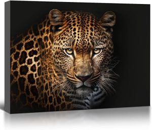 OOLAHLAH Black and Golden Leopard Wall Art Wildlife Animal Leopard Canvas Prints Picture Cheetah Poster Artwork for Bathroom Bedroom Office Living Room, Stretched and Framed 12"x16" - Leo Canvas for men