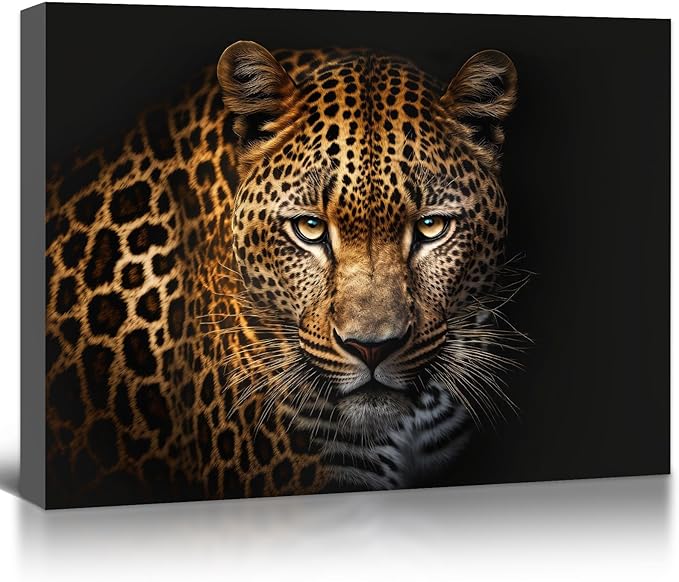 OOLAHLAH Black and Golden Leopard Wall Art Wildlife Animal Leopard Canvas Prints Picture Cheetah Poster Artwork for Bathroom Bedroom Office Living Room, Stretched and Framed 12"x16" - Leo Canvas for men