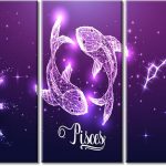TUMOVO Astrology Horoscope Wall Prints Zodiac Canvas Wall Art 3 Panels Futuristic Pisces Zodiac Sign on Dark Purple Background Wall Art for Living Room Stretched and Framed Ready to Hang (60" Wx40 H) - Pisces Canvas for men