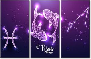 TUMOVO Astrology Horoscope Wall Prints Zodiac Canvas Wall Art 3 Panels Futuristic Pisces Zodiac Sign on Dark Purple Background Wall Art for Living Room Stretched and Framed Ready to Hang (60" Wx40 H) - Pisces Canvas for men